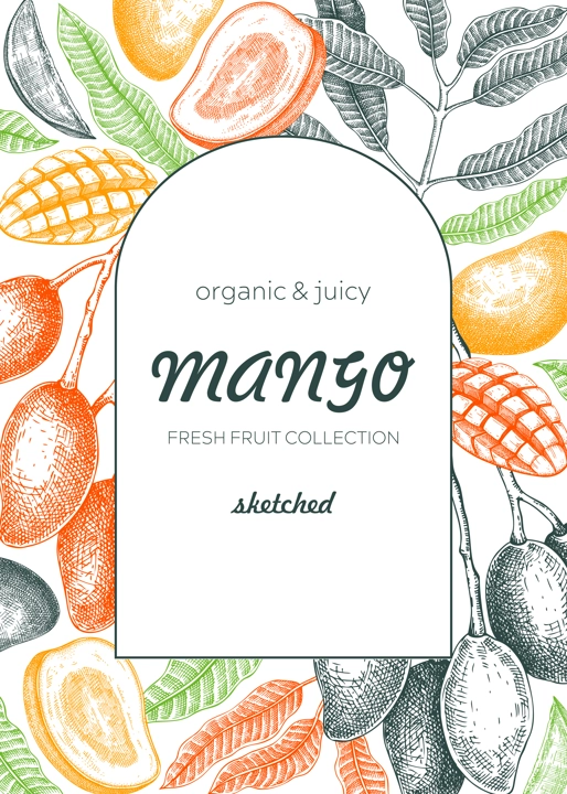 Tropical fruit frame design. Summer background. Mango fruit sketch, hand-drawn vector illustration. Juice packaging, card invitation, label template. NOT AI generated